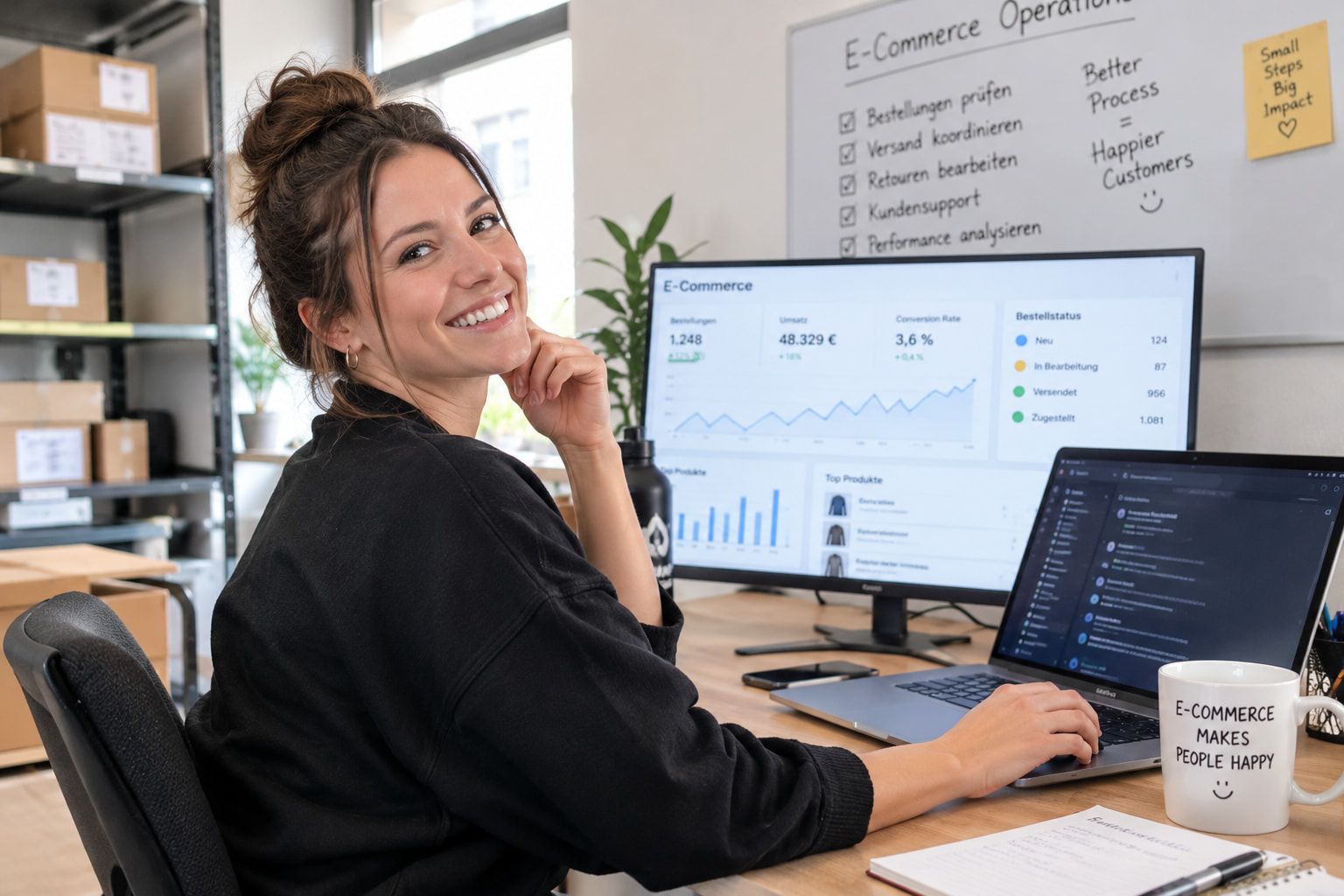 Frau am Schreibtisch mit E-Commerce-Dashboard auf dem Bildschirm