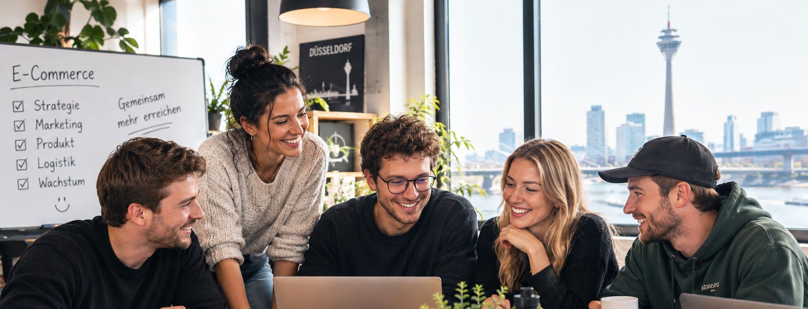 Team bespricht am Tisch eine E-Commerce-Strategie, im Hintergrund die Düsseldorfer Skyline mit Rheinturm