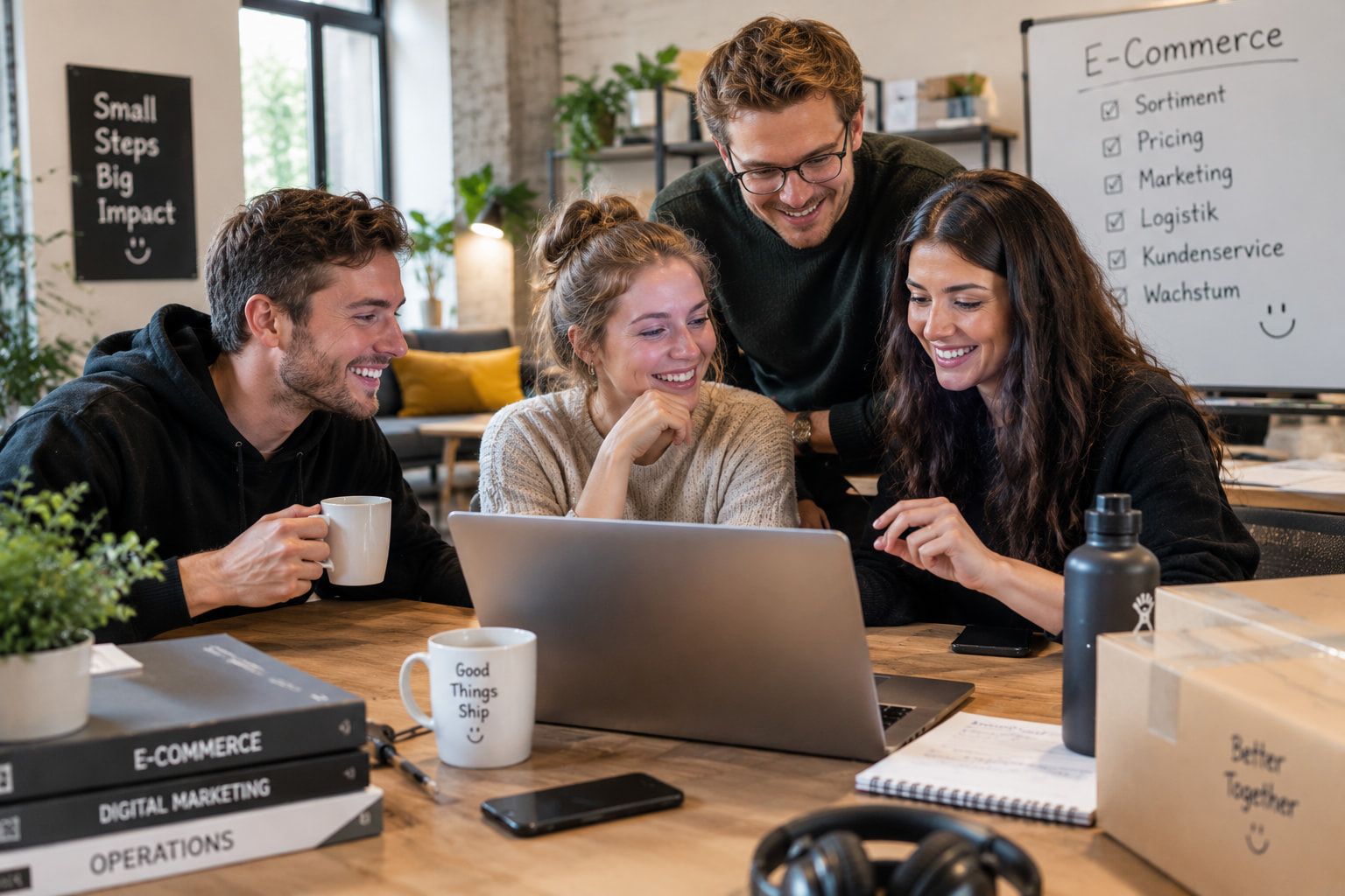 Team bespricht E-Commerce-Strategie am Laptop